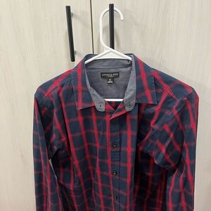London Fog Men's Red and Blue Plaid Shirt